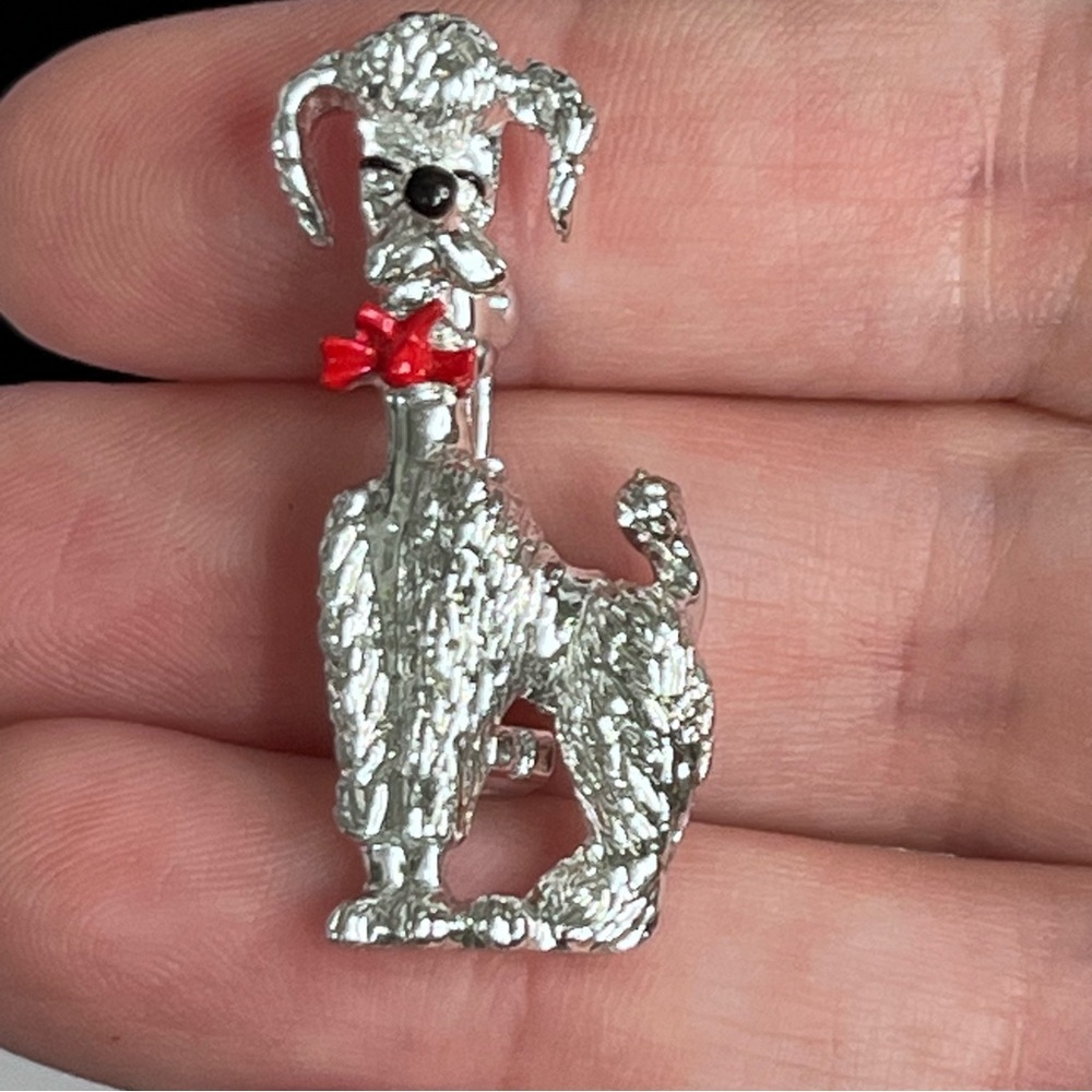 vintage silver tone poodle pin brooch red bow pin‎ back 1.5 inches